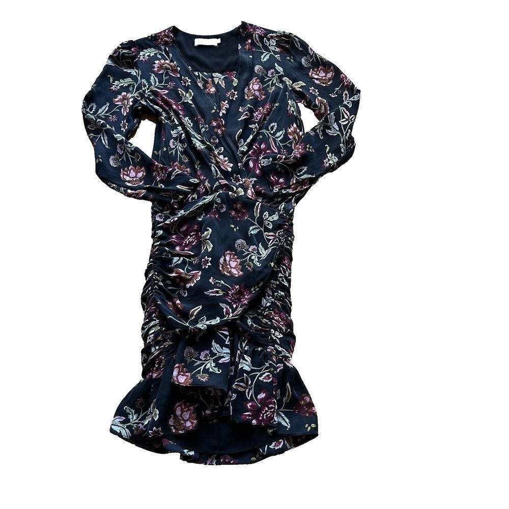 ALC Haven 100% silk Dress Rusched Silk Floral‎ Chiffon Print Black Lined